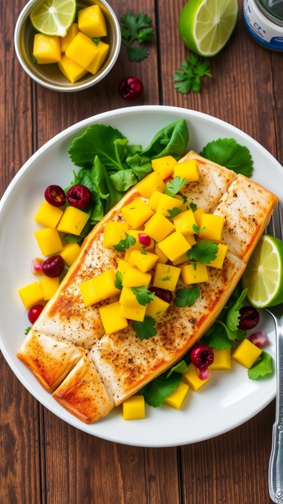 Vietnamese spiced tilapia topped with mango salsa on a plate, garnished with lime wedges.
